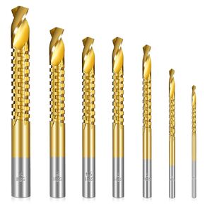 Titanium Coated HSS Twist Drill Bits, 3-10mm Serrated Grooving Cutting Carpenter Side Cutting Tap Spiral Saw Drill Bit Woodworking Wood for Wood Metal Plastic Hole(7Pcs)
