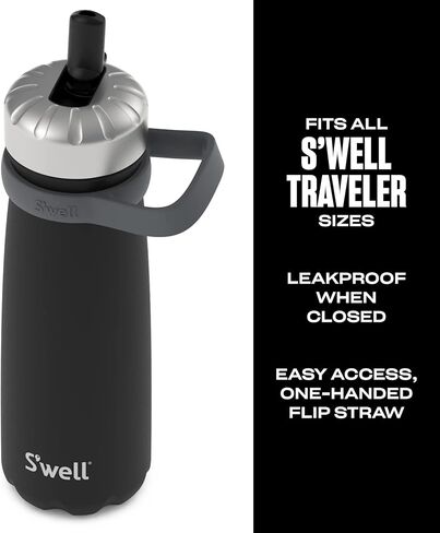 غطاء S'well Traveler Flip Straw، يناسب جميع أحجام المسافرين، غطاء من الفولاذ المقاوم للصدأ 18/8 مع قش، قلاب مفتوح لسهولة الشرب أثناء التنقل، خالي من مادة BPA، in Kuwait