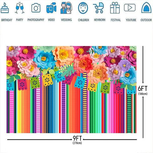 Ticuenicoa 5x3ft Mexican Fiesta Backdrop Photobooth Flowers Fiesta Background Drop Cinco De Mayo Backdrop for Pictures Floral Stripes Flags Birthday Party Mexican Party Decor Mexican Photo Booth Props in Saudi Arabia