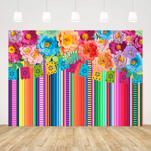 Ticuenicoa 5x3ft Mexican Fiesta Backdrop Photobooth Flowers Fiesta Background Drop Cinco De Mayo Backdrop for Pictures Floral Stripes Flags Birthday Party Mexican Party Decor Mexican Photo Booth Props in Saudi Arabia