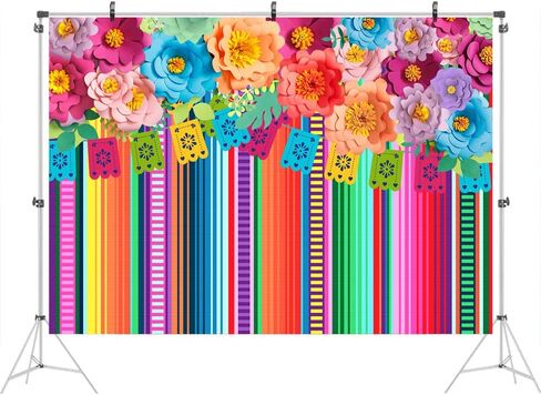 Ticuenicoa 5x3ft Mexican Fiesta Backdrop Photobooth Flowers Fiesta Background Drop Cinco De Mayo Backdrop for Pictures Floral Stripes Flags Birthday Party Mexican Party Decor Mexican Photo Booth Props in Saudi Arabia