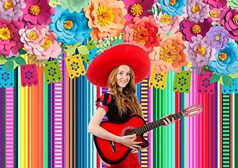 Ticuenicoa 5x3ft Mexican Fiesta Backdrop Photobooth Flowers Fiesta Background Drop Cinco De Mayo Backdrop for Pictures Floral Stripes Flags Birthday Party Mexican Party Decor Mexican Photo Booth Props in Saudi Arabia