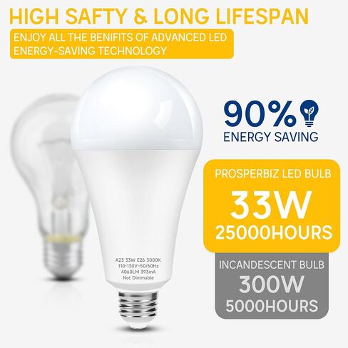 300W Equivalent LED Light Bulb, Super Bright 4060 Lumen Warm White 3000K, A23 E26 Medium Base 33 Watt LED Bulb for Garage Warehouse Workshop Backyard Patio Street Supermarket, 2-Pack in Saudi Arabia