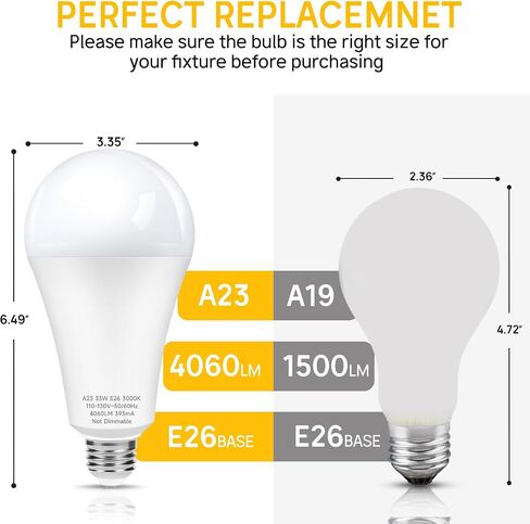 300W Equivalent LED Light Bulb, Super Bright 4060 Lumen Warm White 3000K, A23 E26 Medium Base 33 Watt LED Bulb for Garage Warehouse Workshop Backyard Patio Street Supermarket, 2-Pack in Saudi Arabia