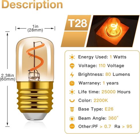 1W Low Wattage LED Edison Night Light Bulbs Warm,T28 Mini Vintage Light Bulb 10W Incandescent Equal,E26 Medium Screw Base Bulb for Oven Bulbs Decoration 6 Pack in Saudi Arabia