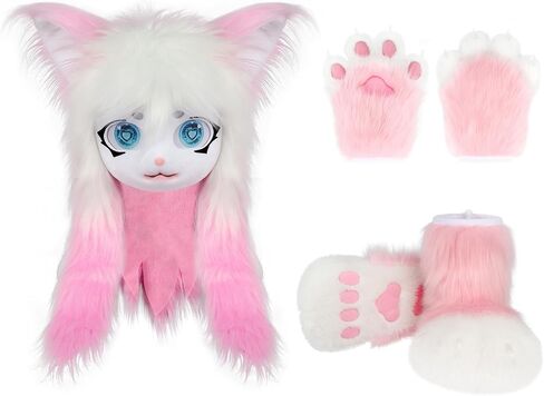 Cat Paw Mittens Gloves Fluffy Slippers Fursuit Cut Mask Halloween Cosplay Costume Accessories Set for Teens Adults in Saudi Arabia
