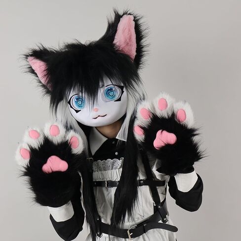 Cat Paw Mittens Gloves Fluffy Slippers Fursuit Cut Mask Halloween Cosplay Costume Accessories Set for Teens Adults in Saudi Arabia