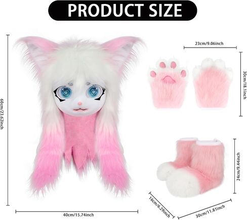 Cat Paw Mittens Gloves Fluffy Slippers Fursuit Cut Mask Halloween Cosplay Costume Accessories Set for Teens Adults in Saudi Arabia