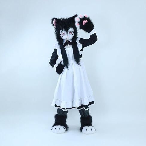 Cat Paw Mittens Gloves Fluffy Slippers Fursuit Cut Mask Halloween Cosplay Costume Accessories Set for Teens Adults in Saudi Arabia