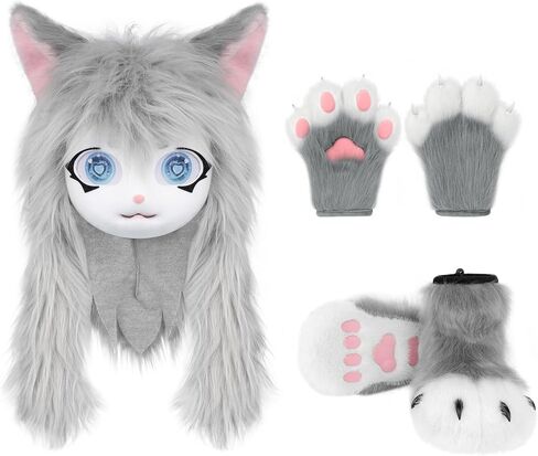 Cat Paw Mittens Gloves Fluffy Slippers Fursuit Cut Mask Halloween Cosplay Costume Accessories Set for Teens Adults in Saudi Arabia