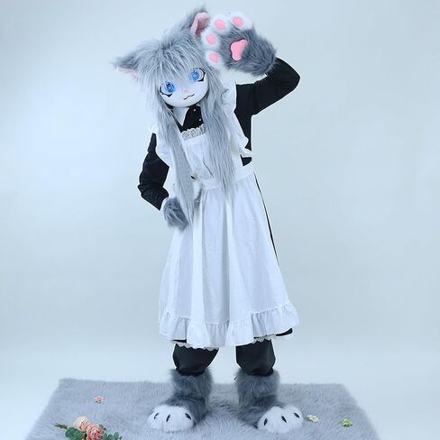 Cat Paw Mittens Gloves Fluffy Slippers Fursuit Cut Mask Halloween Cosplay Costume Accessories Set for Teens Adults in Saudi Arabia