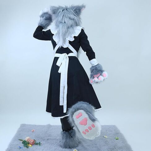 Cat Paw Mittens Gloves Fluffy Slippers Fursuit Cut Mask Halloween Cosplay Costume Accessories Set for Teens Adults in Saudi Arabia