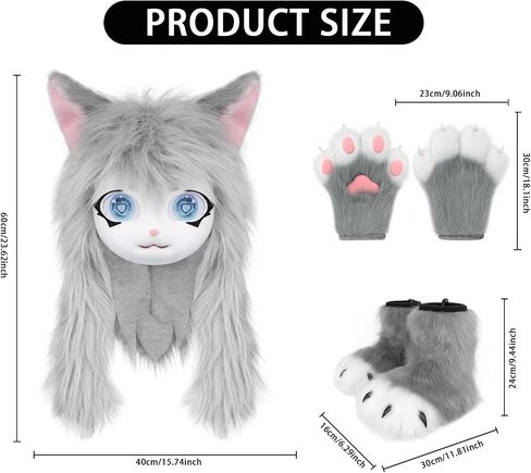 Cat Paw Mittens Gloves Fluffy Slippers Fursuit Cut Mask Halloween Cosplay Costume Accessories Set for Teens Adults in Saudi Arabia