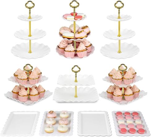 Pack of 10 NWK Cake Stand, Cupcake Stand, with 3X Two-Tier Cupcake Stands + 3X Three-Tier Cupcake Stands + 4 x Appetizer Trays Perfect for Birthday Baby Bridal Shower Party (White) in Saudi Arabia