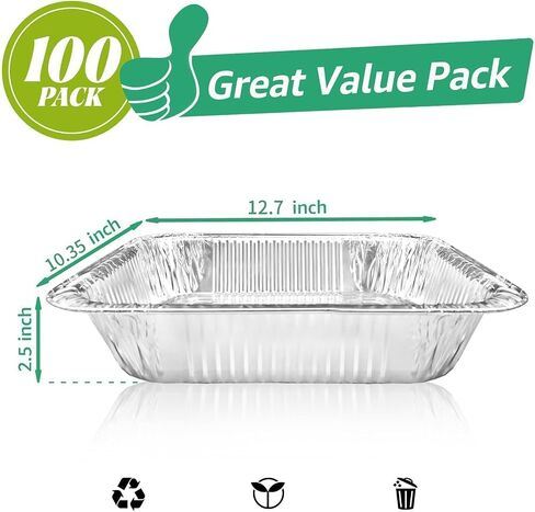 Aluminum Pans 9x13 Inch 100 Pack, Extra Heavy Duty Foil Pans with Half Size Deep Steam Aluminum Tray Tin Foil Pans for Prepping Food, Storing Heating, Cooking, Baking, Roasting in Saudi Arabia
