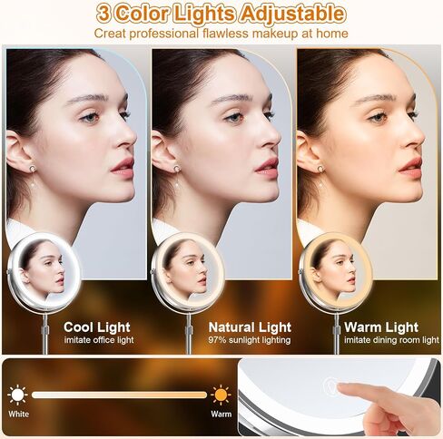 مرآة مكياج مضيئة مع ارتفاع قابل للتعديل، مرآة مكبرة بإضاءة LED مقاس 8.5 بوصة قابلة لإعادة الشحن مع 3 ألوان قابلة للتعتيم، مرآة مكياج مزدوجة الجوانب 1X 10X مع أضواء، مرآة مكياج تعمل باللمس بدوران 360 درجة in Saudi Arabia