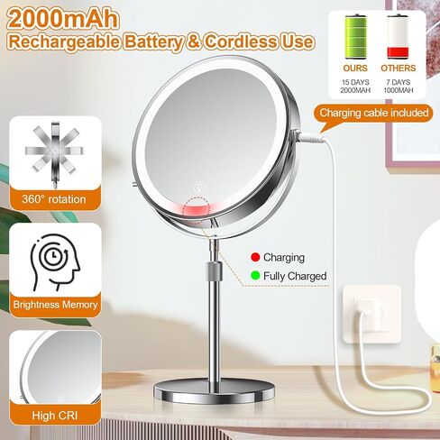 مرآة مكياج مضيئة مع ارتفاع قابل للتعديل، مرآة مكبرة بإضاءة LED مقاس 8.5 بوصة قابلة لإعادة الشحن مع 3 ألوان قابلة للتعتيم، مرآة مكياج مزدوجة الجوانب 1X 10X مع أضواء، مرآة مكياج تعمل باللمس بدوران 360 درجة in Saudi Arabia
