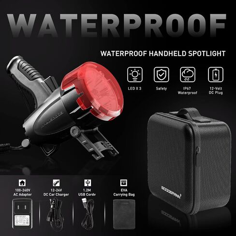 GOODSMANN Rechargeable Spotlight LED Portable Handheld Searchlight 6000 Lumen IP67 Waterproof Marine Spot Light for Hiking Boating Hunting Camping Hiking with EVA Carrying Case and Red Filter Lens in Saudi Arabia