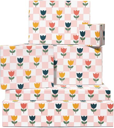 CENTRAL 23 Checked Wrapping Paper - Pink Gift Warp Paper - 6 Sheets Floral Gift Wrap - Tulips Spring Flowers - Wedding Gift Wrapping Paper - Birthday Gift Wrap - Comes With Cute Stickers in Saudi Arabia