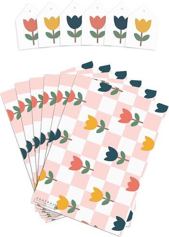 CENTRAL 23 Checked Wrapping Paper - Pink Gift Warp Paper - 6 Sheets Floral Gift Wrap - Tulips Spring Flowers - Wedding Gift Wrapping Paper - Birthday Gift Wrap - Comes With Cute Stickers in Saudi Arabia