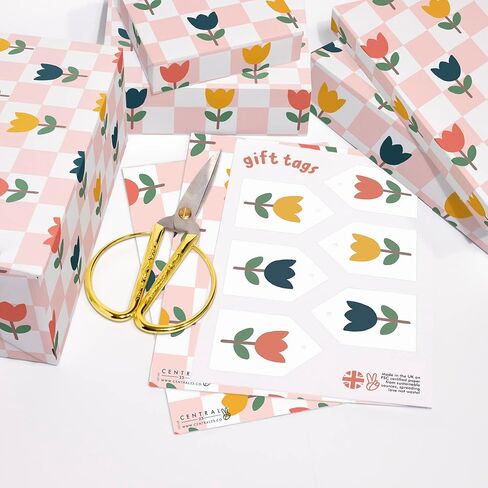 CENTRAL 23 Checked Wrapping Paper - Pink Gift Warp Paper - 6 Sheets Floral Gift Wrap - Tulips Spring Flowers - Wedding Gift Wrapping Paper - Birthday Gift Wrap - Comes With Cute Stickers in Saudi Arabia