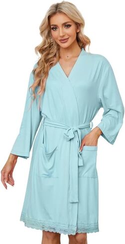 LYCY Womens Robe Lightweight Short Bathrobe Soft Lace Sleepwear Ladies Loungewear 3/4 Sleeve in Kuwait