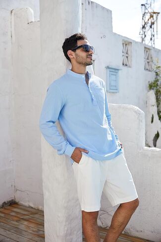 قميص Jacansi رجالي من الكتان Henley بأكمام طويلة كاجوال من القطن الهبي للشاطئ Henley in Kuwait