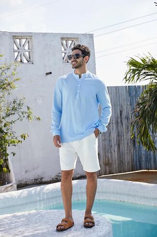 قميص Jacansi رجالي من الكتان Henley بأكمام طويلة كاجوال من القطن الهبي للشاطئ Henley in Kuwait