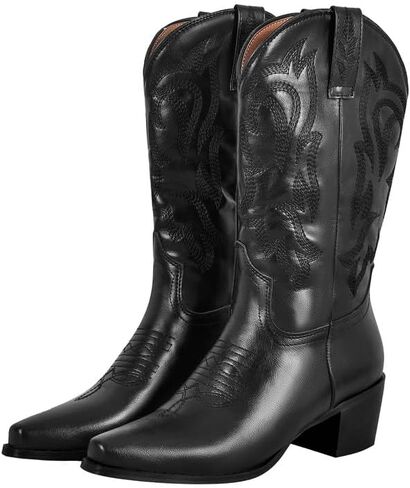 richealnini Women's Cowgirl Cowboy Boots Pull On Tab Embroidered Mid Calf Booties Western Boots in Denim in Kuwait