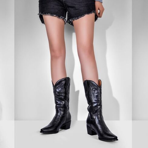 richealnini Women's Cowgirl Cowboy Boots Pull On Tab Embroidered Mid Calf Booties Western Boots in Denim in Kuwait