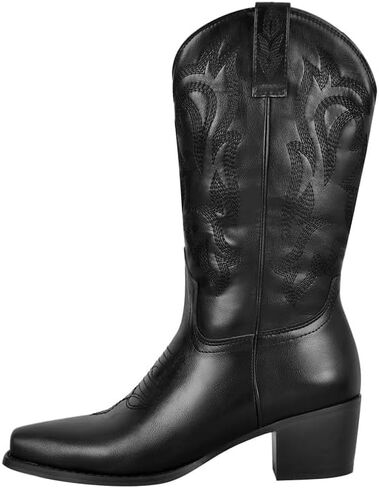 richealnini Women's Cowgirl Cowboy Boots Pull On Tab Embroidered Mid Calf Booties Western Boots in Denim in Kuwait