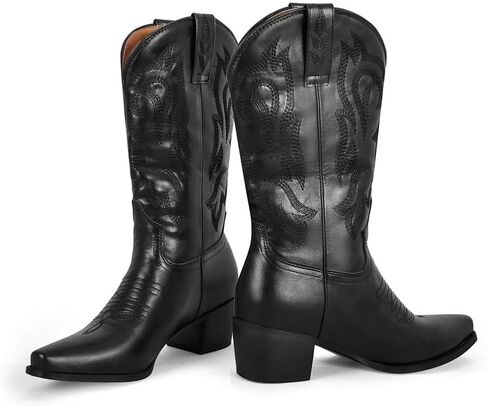 richealnini Women's Cowgirl Cowboy Boots Pull On Tab Embroidered Mid Calf Booties Western Boots in Denim in Kuwait