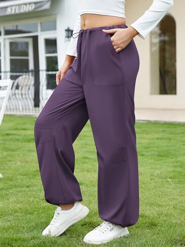 Womens Parachute Pants Baggy Fit Cargo Pants Casual Work Trousers with 3 Pockets in Saudi Arabia