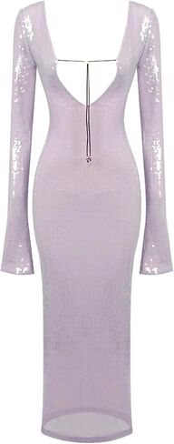 meilun Deep V Dress with Drawstring Long Sleeve Sequin Dress for Women Long Gown in Kuwait