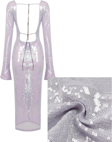 meilun Deep V Dress with Drawstring Long Sleeve Sequin Dress for Women Long Gown in Kuwait