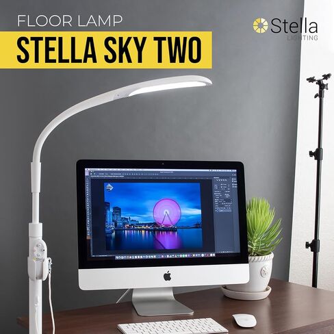 مصباح أرضي من Stella Sky Two Premium 10W LED - أسود - ضوء شمس طبيعي منخفض الرؤية قابل للتعديل وقابل للتعديل - إضاءة الضمور البقعي الساطع - هواية، حرفية، خياطة، فنان، قراءة، مكتب in Saudi Arabia