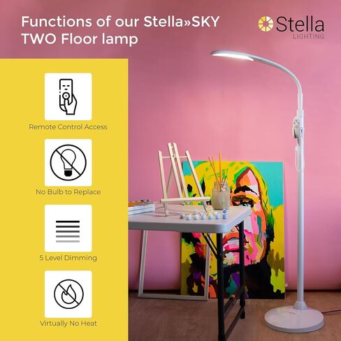 مصباح أرضي من Stella Sky Two Premium 10W LED - أسود - ضوء شمس طبيعي منخفض الرؤية قابل للتعديل وقابل للتعديل - إضاءة الضمور البقعي الساطع - هواية، حرفية، خياطة، فنان، قراءة، مكتب in Saudi Arabia