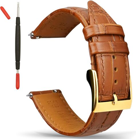 Leather Watch Band Quick Release Watch Straps, Leather Bands Alligator Embossed for Man Women 16mm, 18mm, 20mm, 21mm, 22mm, 24mm (20mm in Cognac/Gold Buckle) in Saudi Arabia