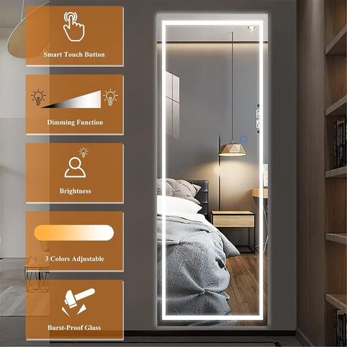 نيوتايب مرآة واقفة كاملة الطول مع أضواء LED مستطيلة كبيرة 3 ألوان إضاءة خافتة، تعتيم بدون خطوات لغرفة النوم وغرفة المعيشة - فضي، 63 بوصة × 16 بوصة in Saudi Arabia