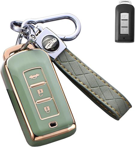 SANRILY Soft TPU with Gold Edge Smart Key Fob Cover for Mitsubishi Outlander ASX Lancer Evo X GTS EX Keyless Keychain Holder 3 Button Key Case Shell Matcha-Green in Saudi Arabia