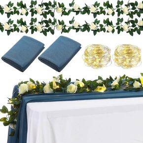 6 Pcs 10ft Gauze Table Runner with Flower Garland with Lights, Chiffon Like Wedding Table Runner and Artificial Rose Vine Flowers Floral Garland for Wedding Party Table Decor (Champagne)