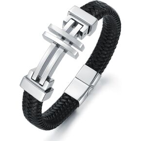 SILBAZ Mens Crucifix Braid Bracelet Cross Leather Cuff Bangle Bracelet with Stainless Steel Clasp Wristband Jewerly Birthday Gifts for Dad Husband Boyfriend Brother Son