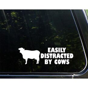 Easily Distracted by Cows - 8 3/4" x 2 3/4"- Vinyl Die Cut Decal for Windows, Trucks, Cars, Laptops, Glasses. Mugs, Etc.