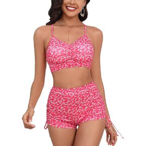 SOLY HUX Bikini Sets for Women Floral Print Top and Drawstring Side Shorts Bikini Bathing Suits 2 Piece Swimsuit