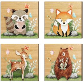 4 Pcs 3D Woodland Nursery Decor Woodland Decor Wooden Forest Animals Bear Racoon Fox and Deer Decor Woodland Creatures Decor for Kids Bedroom, Baby Room Decor Gift