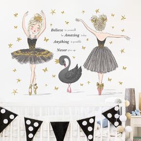 Ballet Dancing Girl with Inspirational Quote Wall Stickers, Believe in Your Self Wall Decal Removable Vinyl Peel and Stick Wall Art for Girls Room Little Girls Bedroom Nursery Playroom Daycare Classroom Parties Decoration