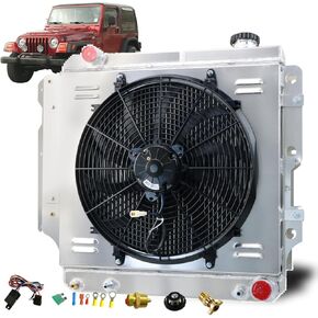 4 Row Core Aluminum Radiator for 1987-2006 Jeep Wrangler TJ YJ GM Chevy V8 Conversion, Downflow Radiators with 16" Fan Shroud & Thermostat Relay Kit, LS Swap Radiator
