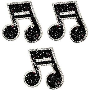 Umama Patch Set of 3 Black Crystal Diamond Double Note Music Cartoon Sticker Patch for Clothes Backpacks T-Shirt Jeans Skirt Vests Scarf Hat Bag Iron On Appliques Embroidered