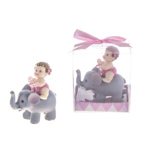 Baby Keepsake - Set of 12 Girl Baby Holding Pacifier Sitting on Elephant Favors - Pink