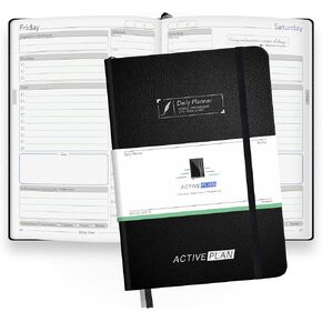 Daily Planner by Active Plan - A5, 90-Day, Black PU Leather. Solidify Your Vision, Enhance Productivity, Prioritize Goals, and Schedule Each Day, Week, and Month for Success